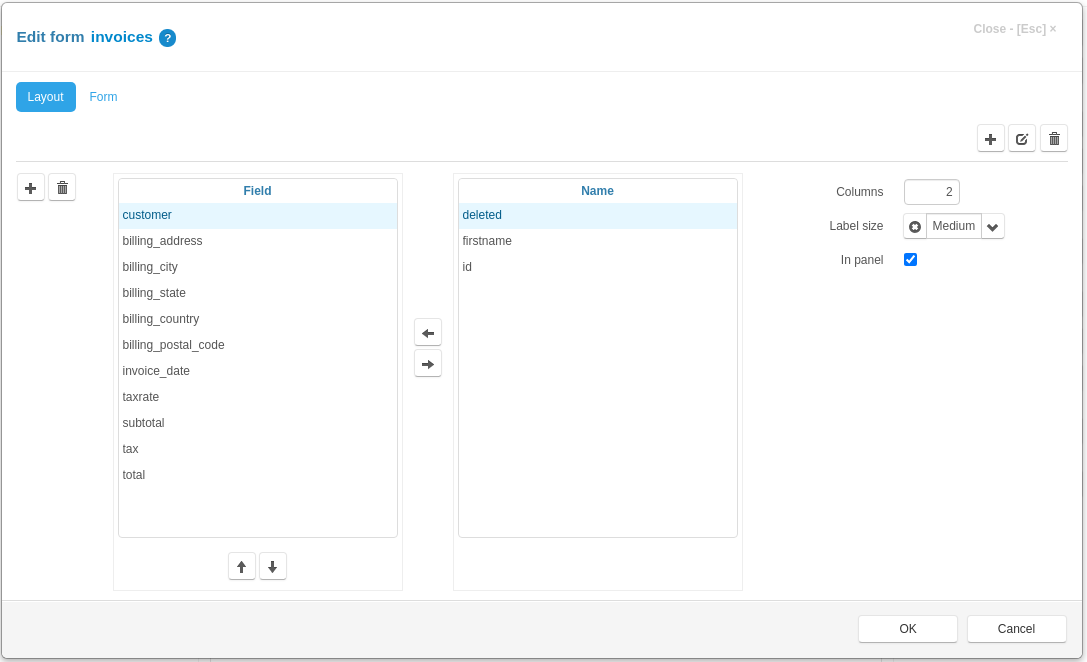 Invoices table edit form