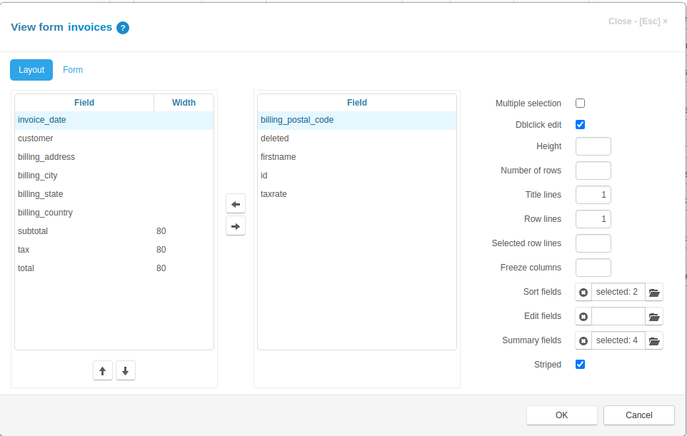 Invoices table view